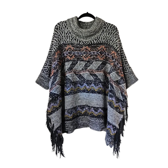 Pilcro x Anthropologie MAGDA KNIT Black Geometric Pullover Poncho Size M/L - Picture 5 of 13